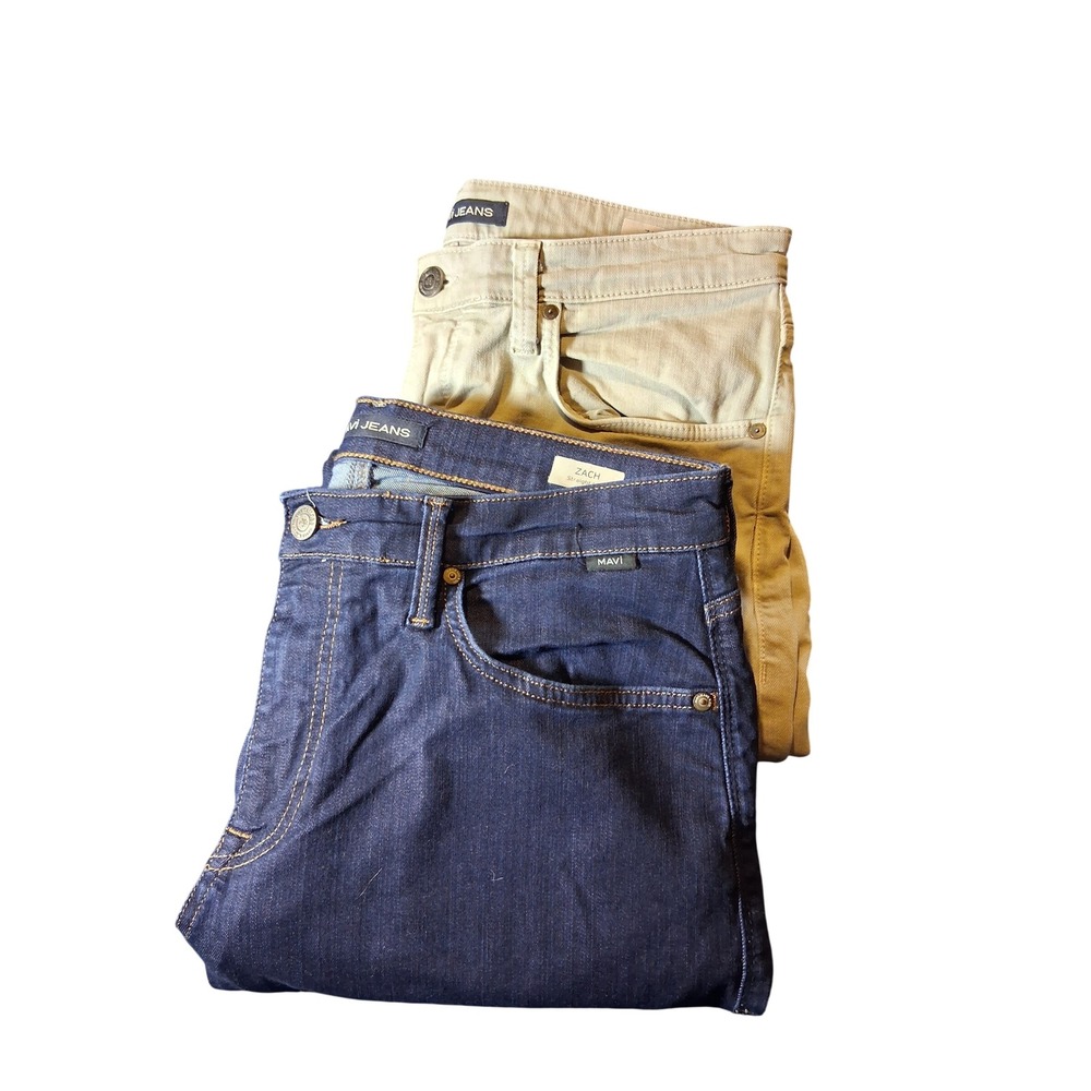Mavi Zach Straight Leg Jeans Bundle Mens 34x30 Dark Indigo and Khaki Tan 2 Pairs